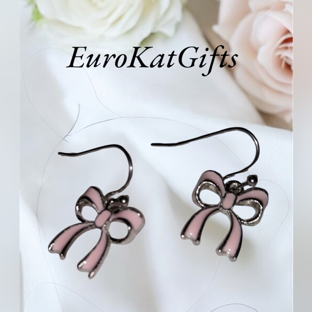 NEW Minimalist Bow Stud Earrings Pink and White Gold Plated Jewelry NWT